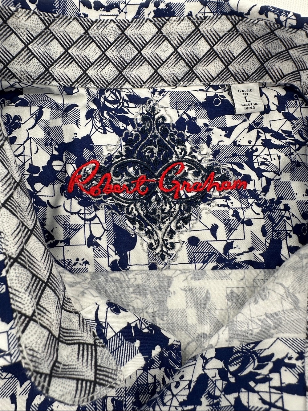 Robert Graham NWOT Bright Blue Geo Floral Stretch Cotton Statement Shirt L - Picture 4 of 9